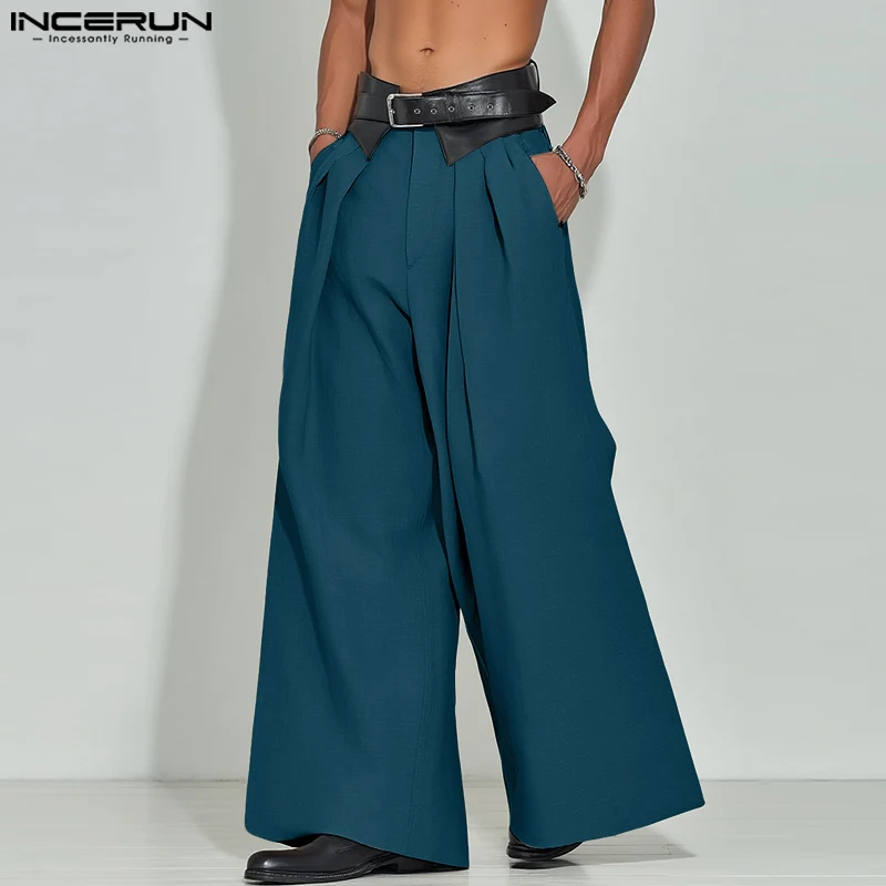 

INCERUN Men Wide Leg Pants Patchwork Pleated Button Casual Trousers Men Joggers Loose Streetwear 2025 Fashion Male Long Pants