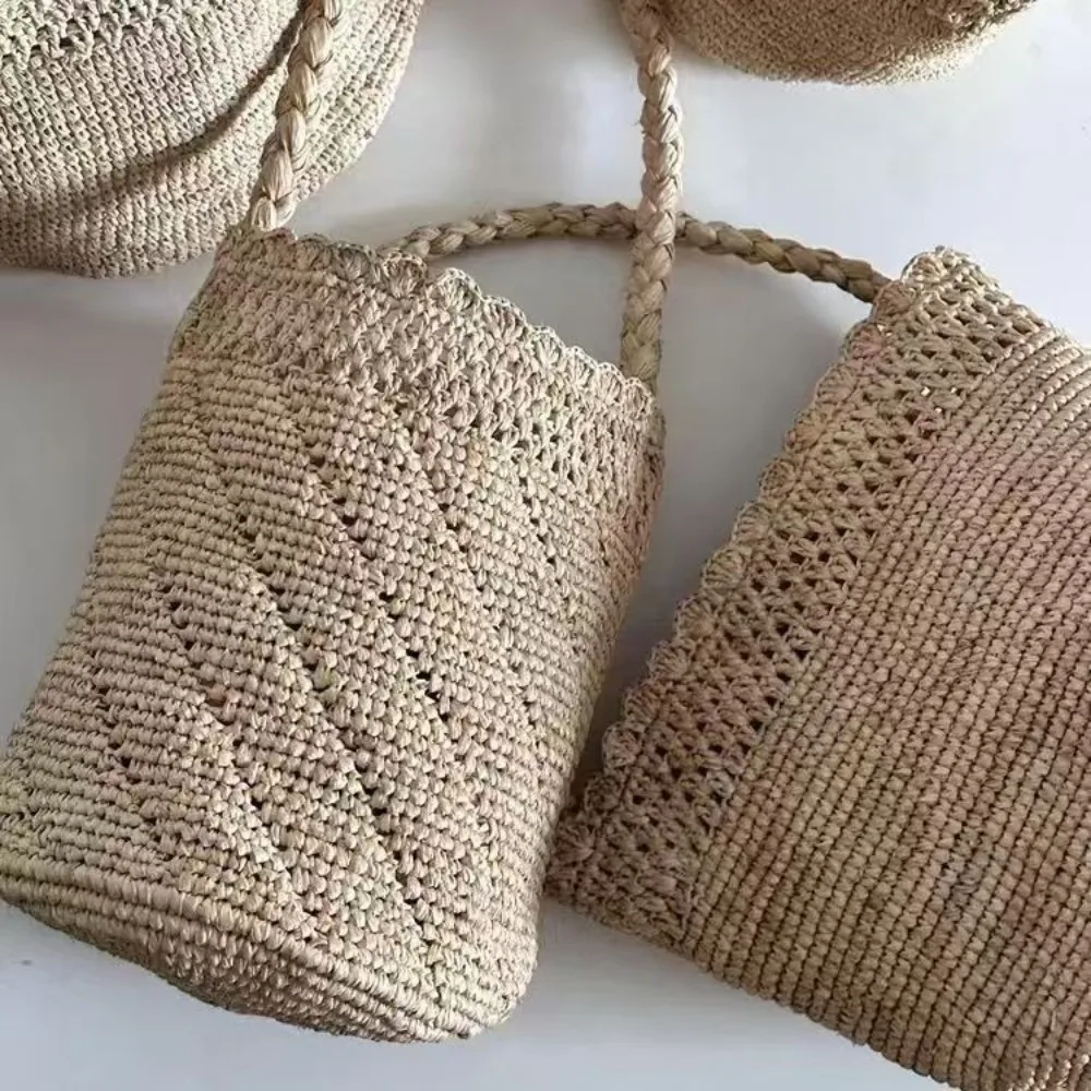 Handmade Crochet Straw Bucket Bag Bohemian Raffia Women Handbag Travel Beach Bag Summer Vacation Woven Shoulder Bags for Women