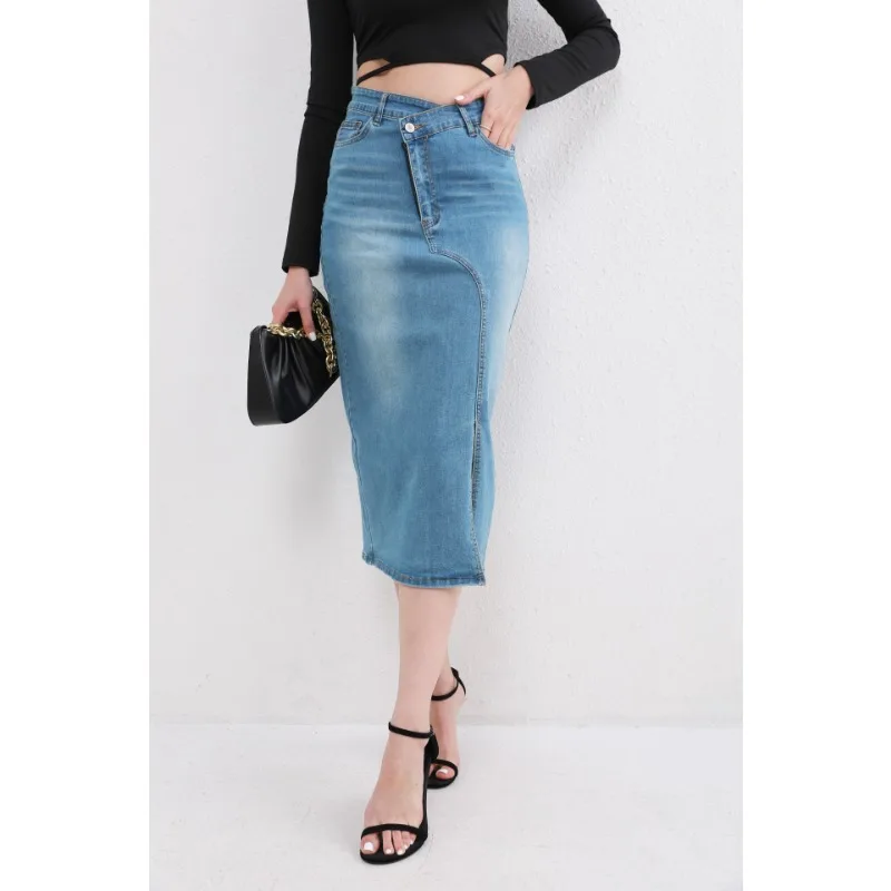 

Women's Summer Light Blue Denim Skirt High Waisted Asymmetric Cut Midi Length Fashionable Daily We