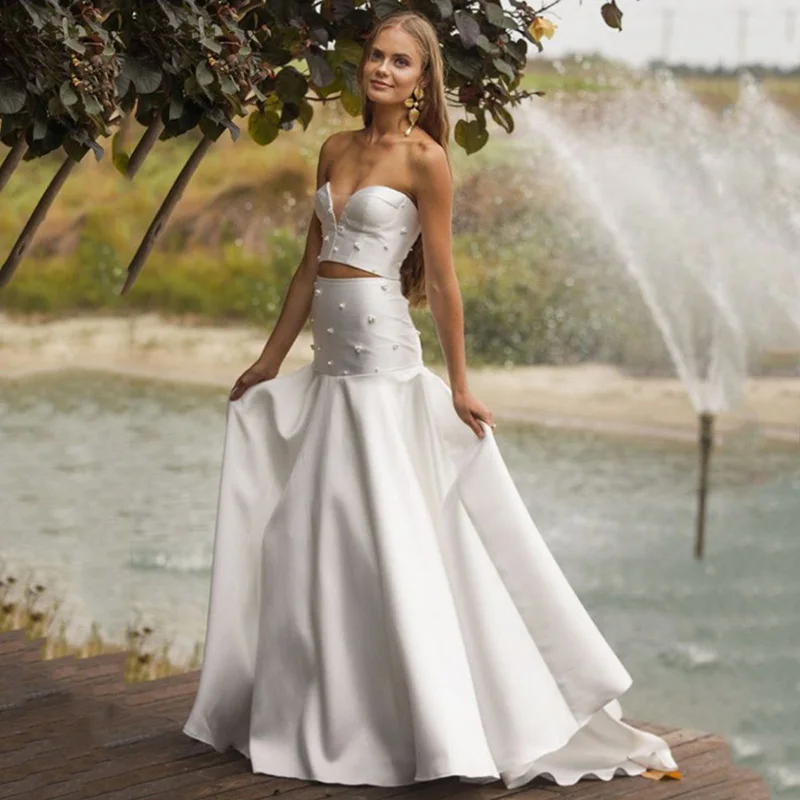 Lsyx 2 pezzi eleganti abiti da sposa a sirena perle di raso abito da sposa senza spalline con perline abito da sposa bianco/avorio Vestido de novia