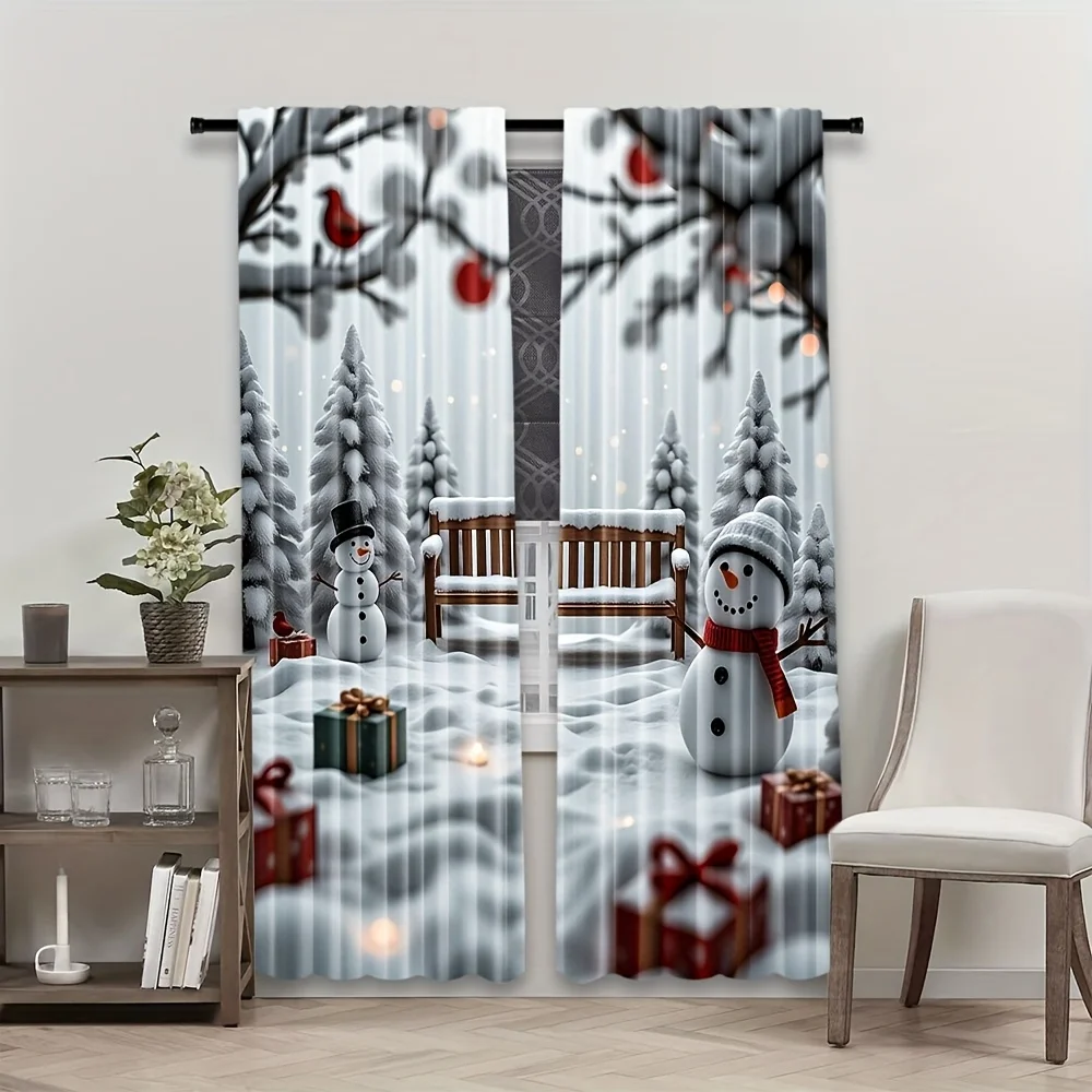 

2PC Snowman & Cardinal Sheer Curtains – Light-Filtering Polyester, Snowy Forest Print, Rod Pocket, Machine Washable
