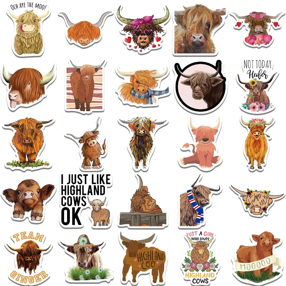 10/30/50PCS Highland Cow Graffiti Stickers Highland Cow Suitcase Water Cup Scooter Waterproof Stickers Wholesale