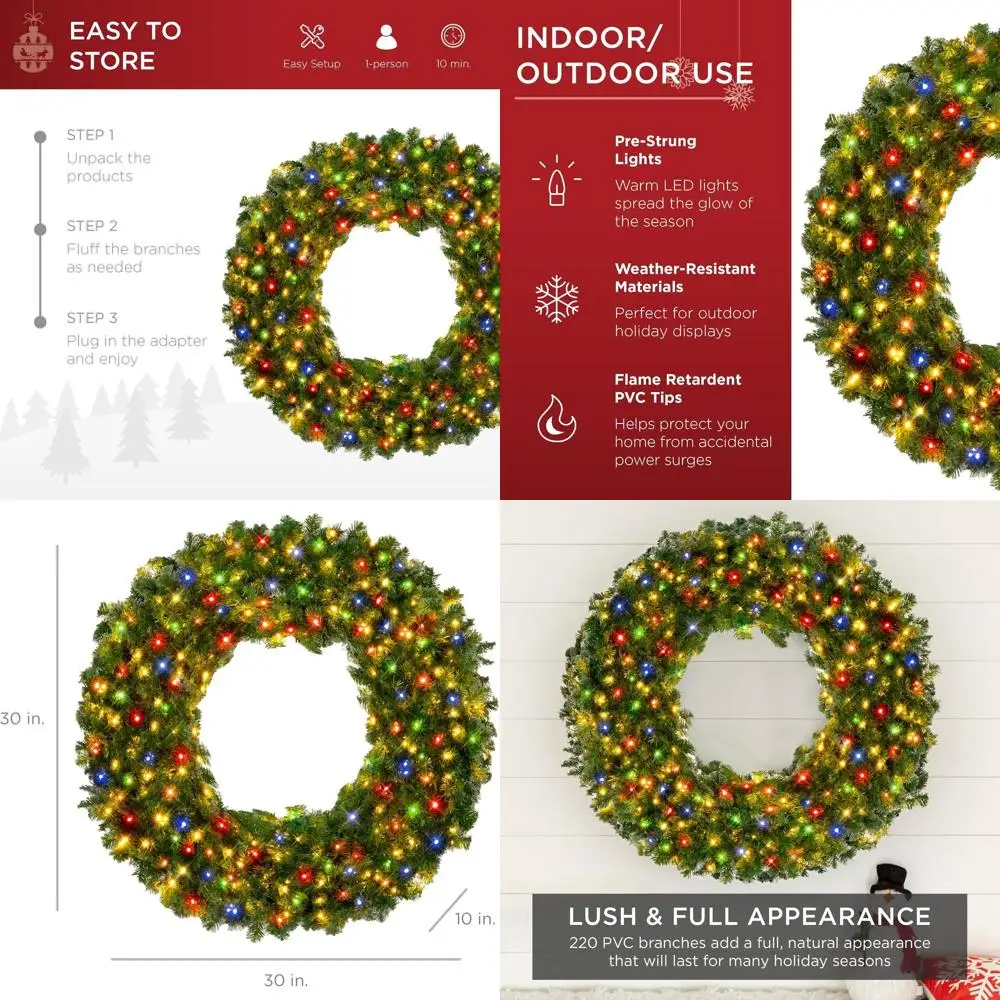 

30-дюймовый рождественский венок из сосны с предустановленной подсветкой, 100 разноцветных светодиодов и 220 ветками из ПВХ