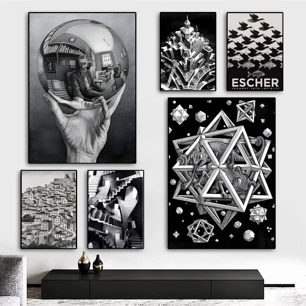 1pc Escher Surreal Geometric Artwork Vintage Poster Sticker Print Waterproof Wall Art For Living Room Bedroom Home Decor