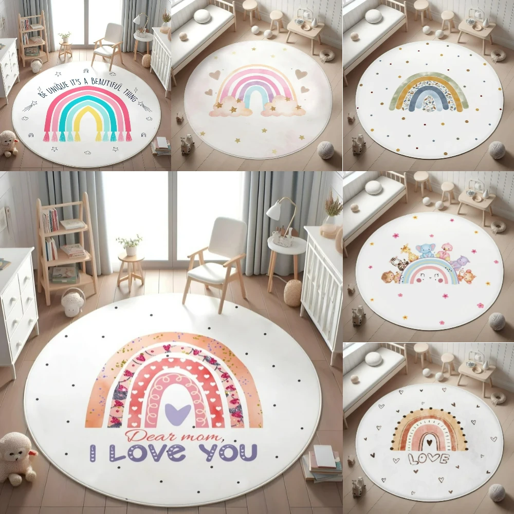 

Радужный круглый ковер «I Love You» с рисунком радужных животных, детский игровой коврик для детской комнаты для мальчиков и девочек, прикроватный коврик для спальни, детский игровой коврик