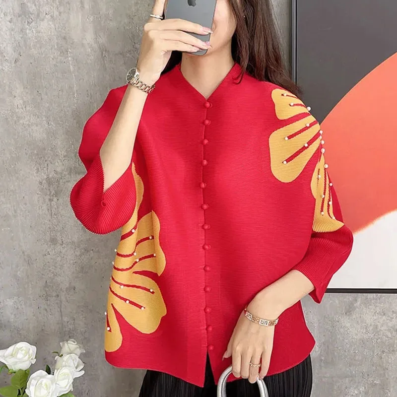 Miyake Pleated Fashion Cardigan Coat Women Summer Loose Beading Bat Sleeve Print Shirts Tops Autumn Thin Single-breasted Jacket