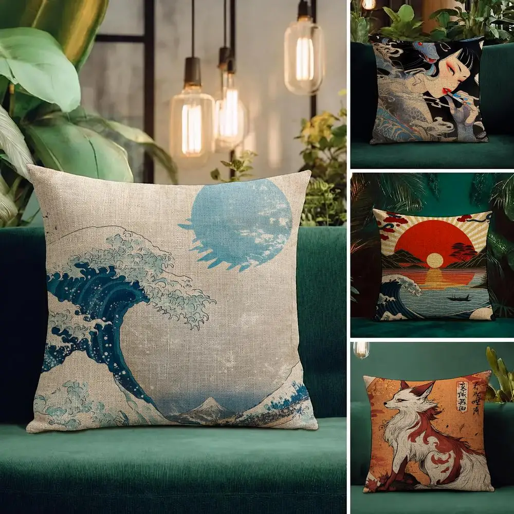Art Ukiyo-e Cushion Cover Natural Linen Pillowcase Set All-in-One Decor Cushion Cover for Sofa Bedroom Chair