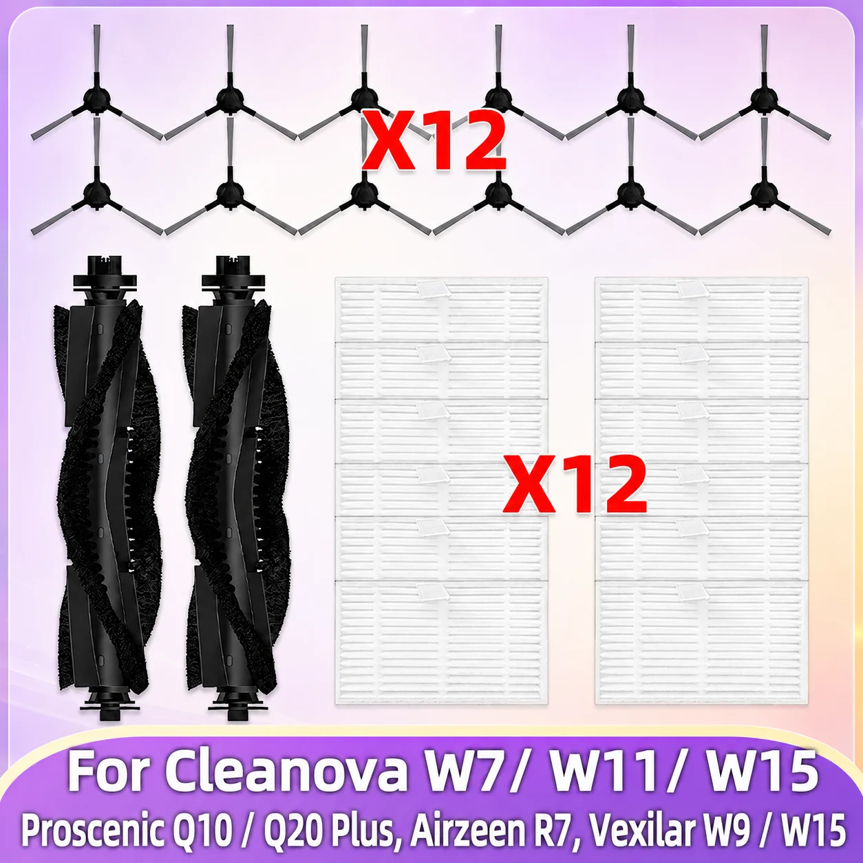 Compatível com ( Cleanova W7 / W11 / W15, Vexilar W9 / W15, Airzeen R7, Proscenic Q10 / Q20 Plus ) Peças para Aspirador Escova Principal Escova Lateral Filtro Saco de Pó
