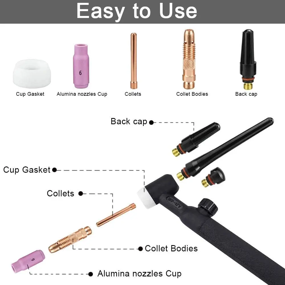 TIG torch accessory kit (for WP17/WP18/WP26 models) including collet body, alumina nozzle cup, back cap, and gasket