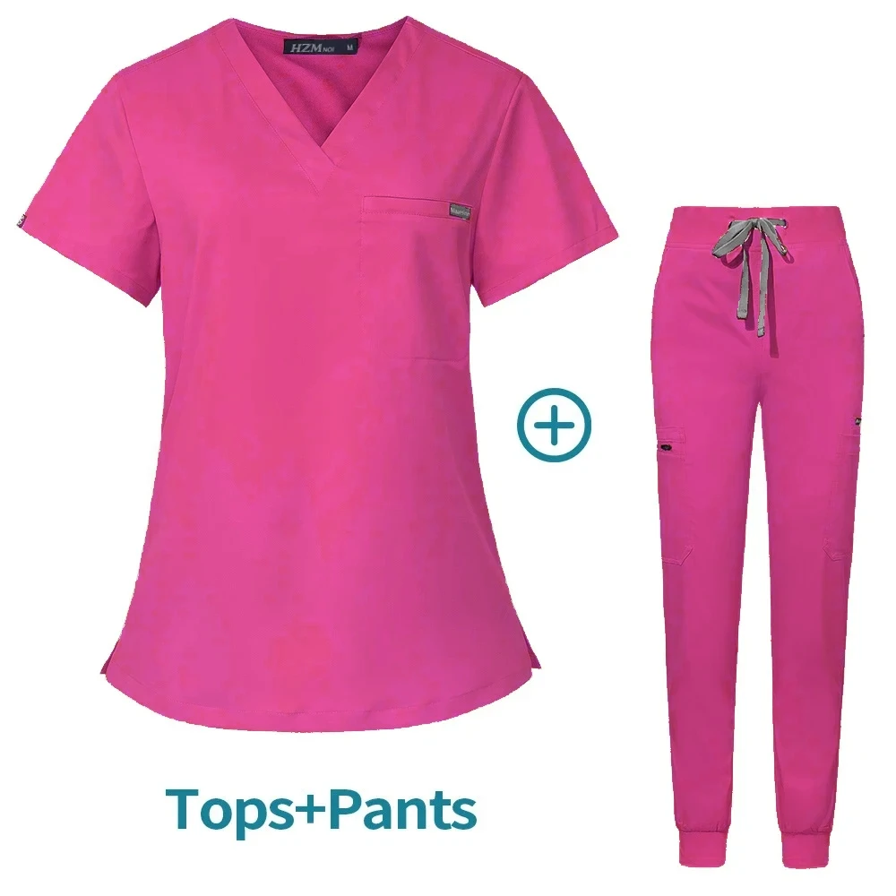 Anti-wrinkle Scrubs Breathable Hospital Uniforms Short Sleeve Stacked Scrunch Nursing Scrubs Women Drawstring Uniforme Sets
