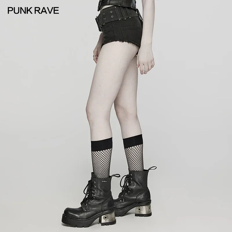 PUNK RAVE Women's Punk Adjustable Metal Buckle Denim Shorts Daily Slim Fit Sexy Hot Girl's Black Short Pants Summer