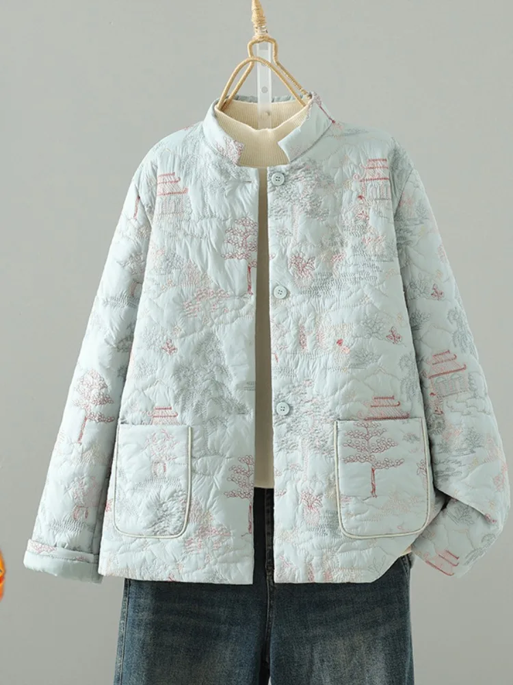 

Ele Embroidered Cotton Jaet Heavy Work Mommy Sle Winter Coat Button Front Long Sve Loose Fit Faionable Chinese S...