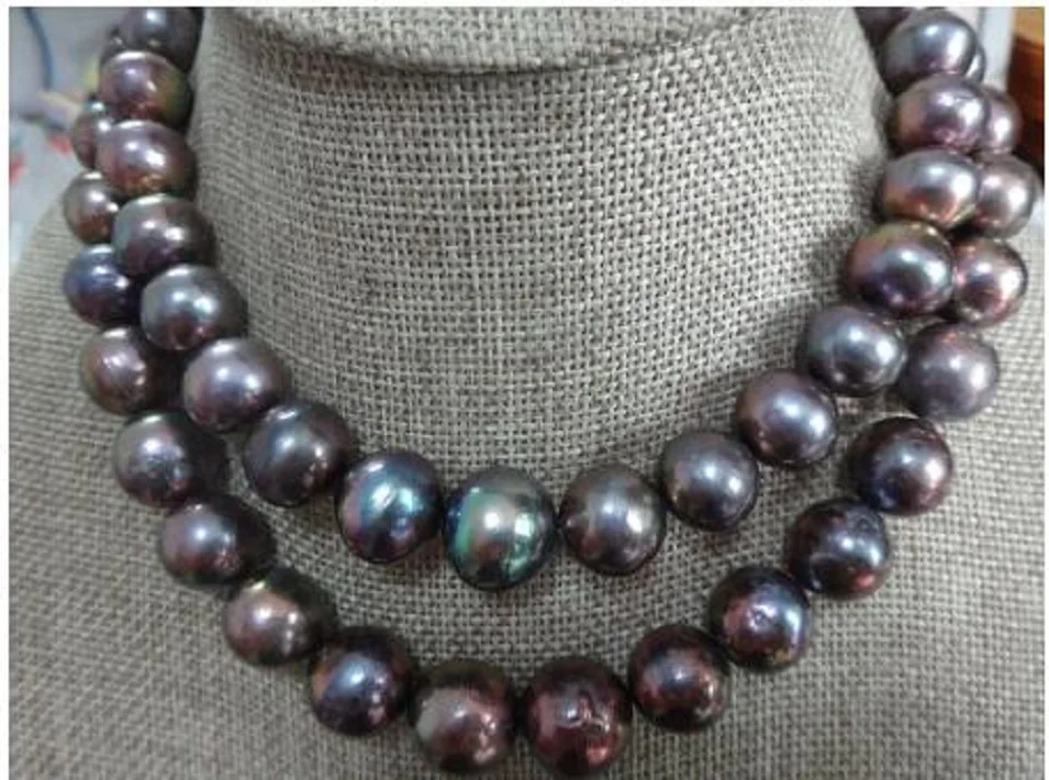 HUGE 11-12mm natural south sea genuine black redish round pearl necklace 18Inch