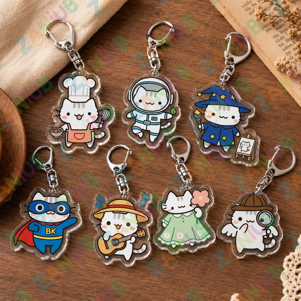 Cute Cat Acrylic Keychains Kawaii Cartoon Kitty Keyring Superhero Musician Detective Bag Pendant Accessories Friends Gift