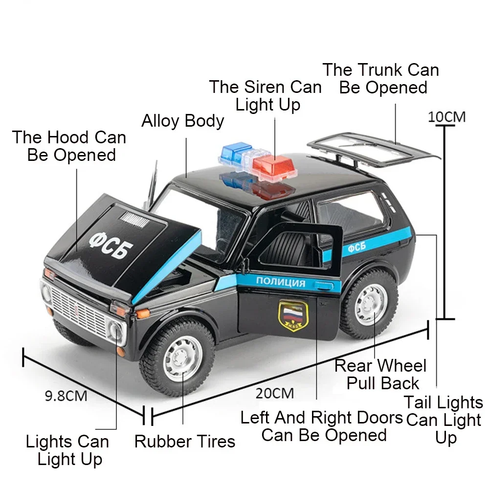 1:18 Russia NiVa Modello di auto della polizia giocattolo con funzione pull back Suono Luce Giocattoli Modelli di veicoli Regalo per ragazzi Pressofusi in lega Auto