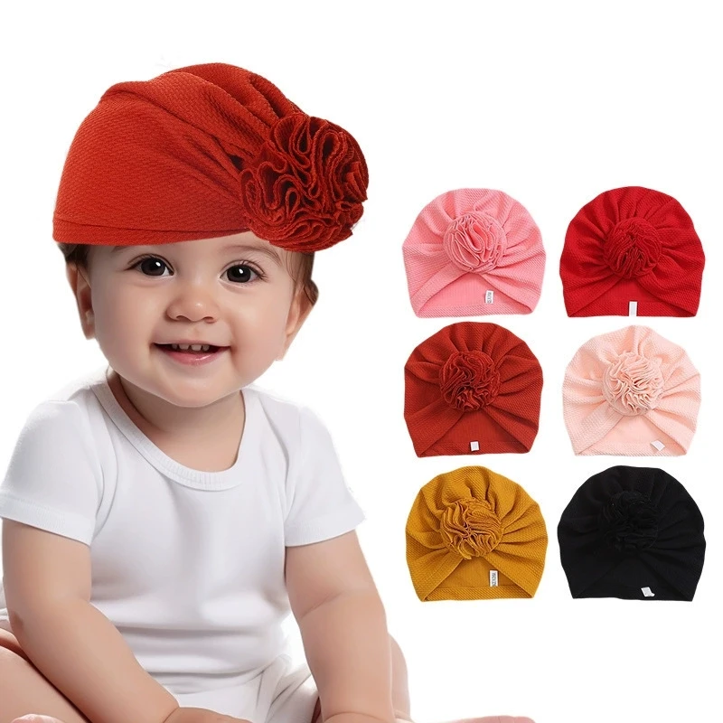 2pcs/set Baby Girls Boutique Indian Hat Newborn Solid Flower Beanie Hats Baby Photoprop Turban Headwear Hair Accessories Infant