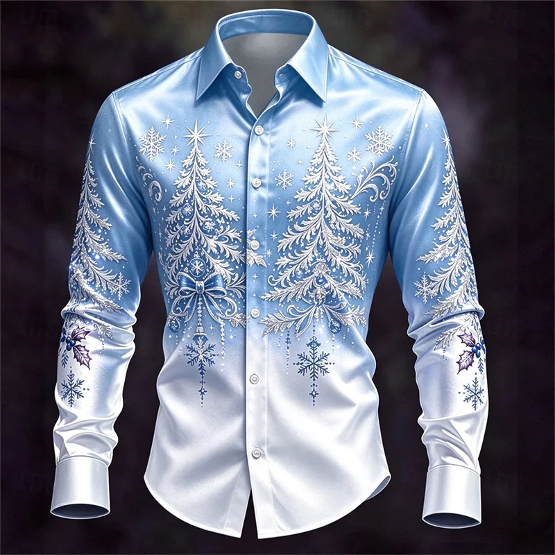 New men's shirt in navy blue and white, Santa Claus gift, snowflake pine branch 3D printed slim fit Christmas shirt