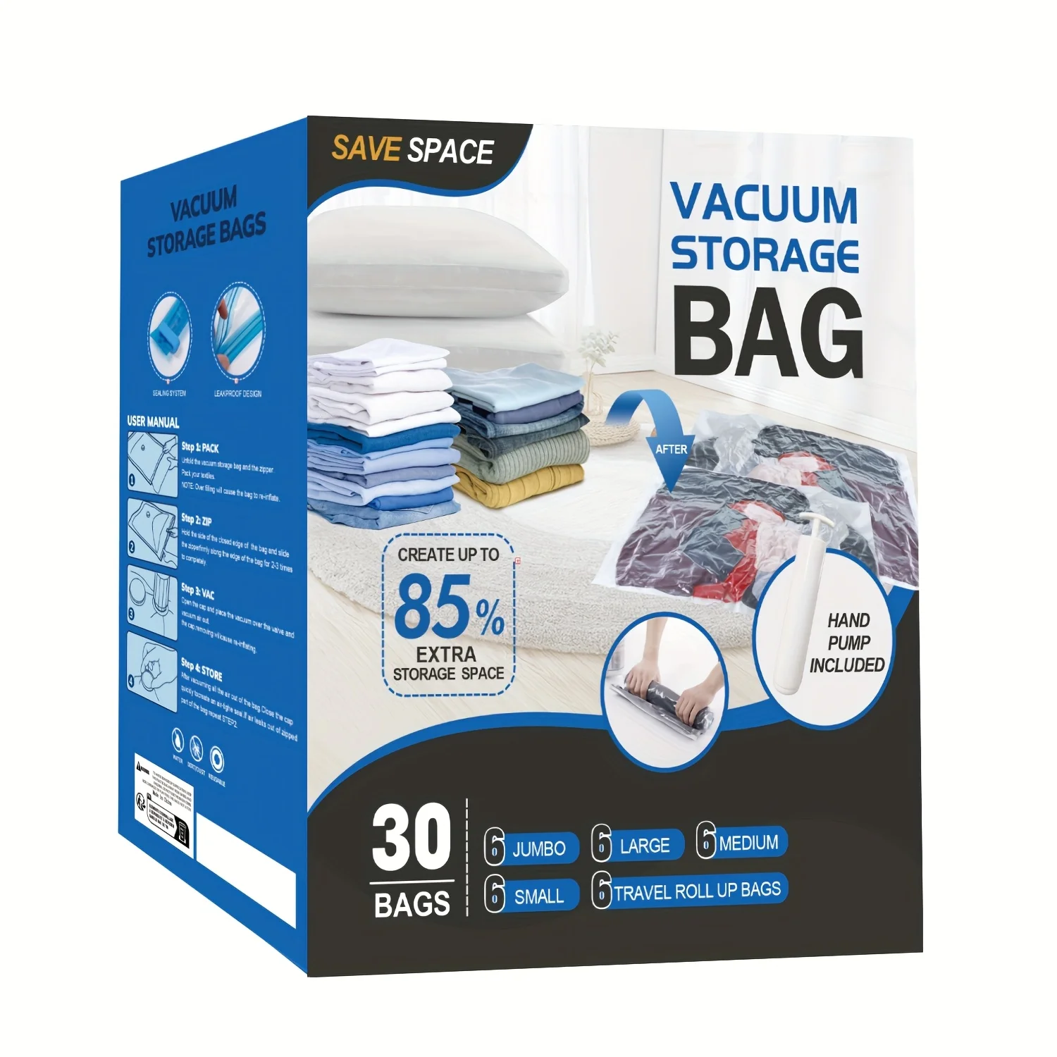 

30 Pack Vacuum Storage Bags for Space Saving (6 Jumbo, 6 Large, 6 Medium, 6 Small, 6 Roll) for Compressing Comforters And Blanke