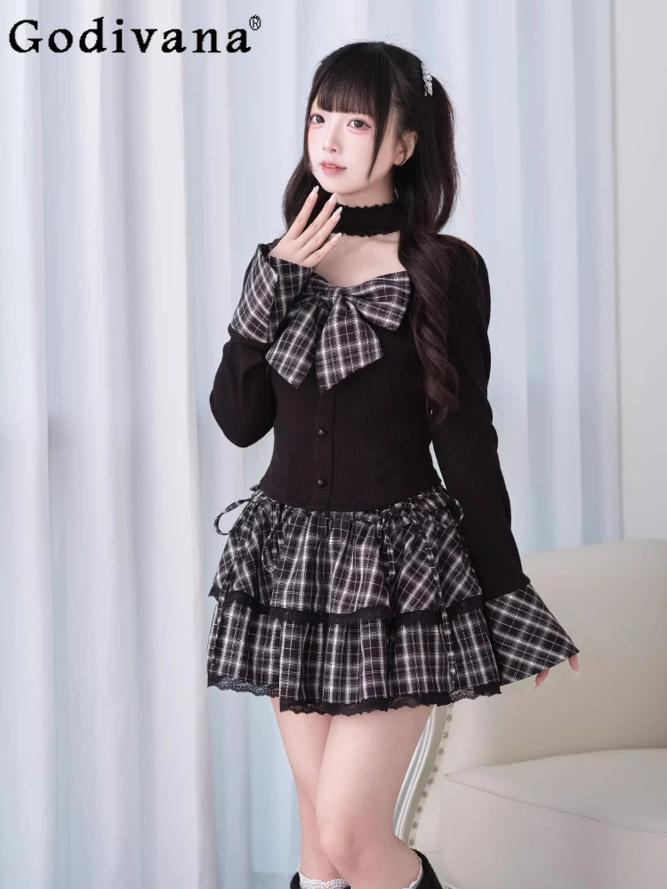 

Японский субкультурный стиль: комплект из вязаного топа с длинными рукавами и мини-юбки в стиле Лолита, весенне-осенний образ для женщин.