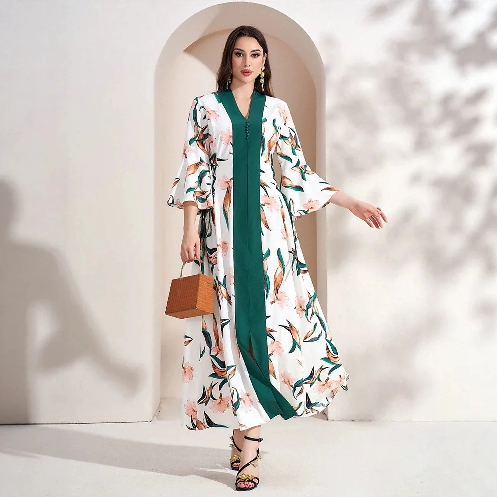

Ky1384 Spring/summer Women's Printed Dress V-neck Slit Casual Daily Wear Waist-cinching Long Dress Dubai Luxury Islam Elegant