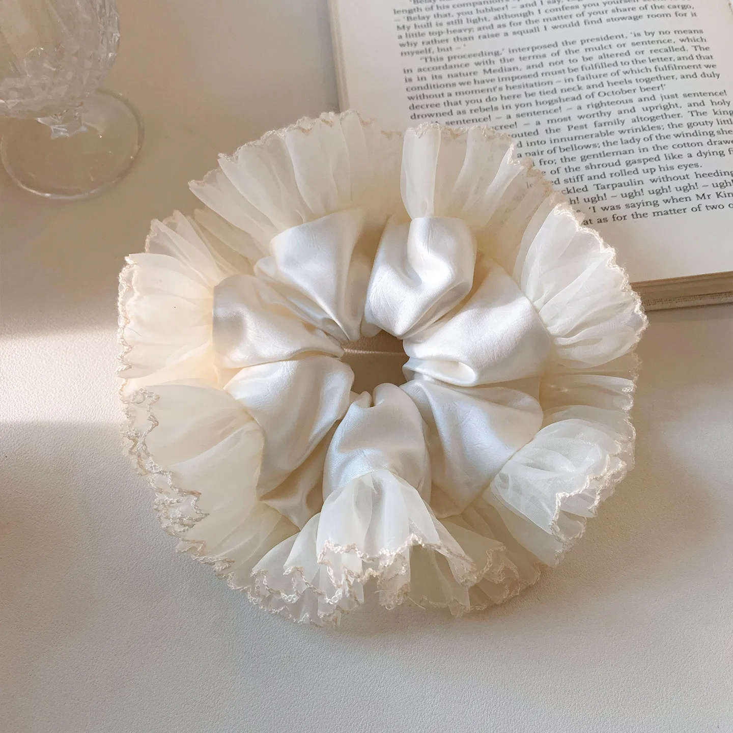 

1pc Extra Large Satin Mesh Scrunchie Cream White Korean High End Hair Tie for Women Bun Ponytail Holder Elegant Daily Accessory
