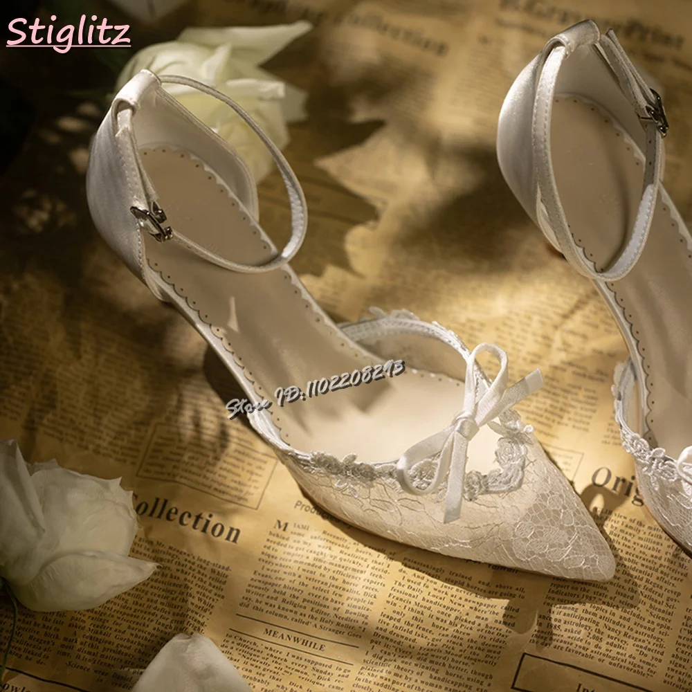 

Retro Lace Wedding Pumps Pointed Toe Mesh Buckle Straps Stiletto Heels Sandals 2025 Summer Women Fashion Dress Bridesmaid Shoes