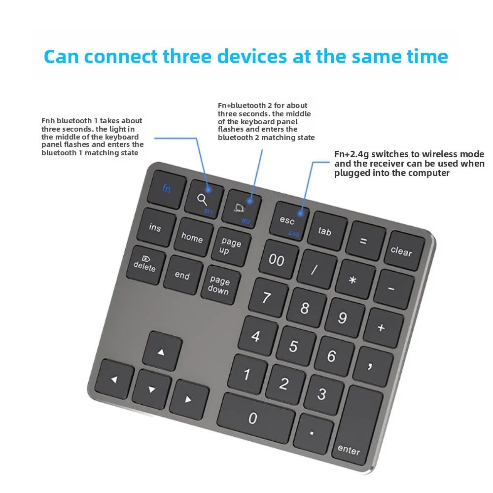Mini 2.4G and Bluetooth Wireless Keyboard 35 Keys Rechargeable Mini Digital Keypad Mute Ergonomic Wireless Numeric Keypad Office