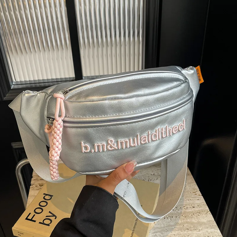 Trend Silver Chest Bag Fanny Pack for Women Portable Mobile Phone Bag Large Capacity Crossbody Bag Soft PU Half Moon Waist Bags - view 2