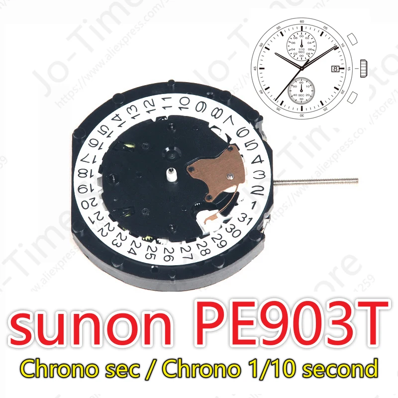 Sunon Pe903T-3 Quartz Watch Movement China Ligne Three Hands with 2 Eyes Date Small Chronograph Second 1/10second