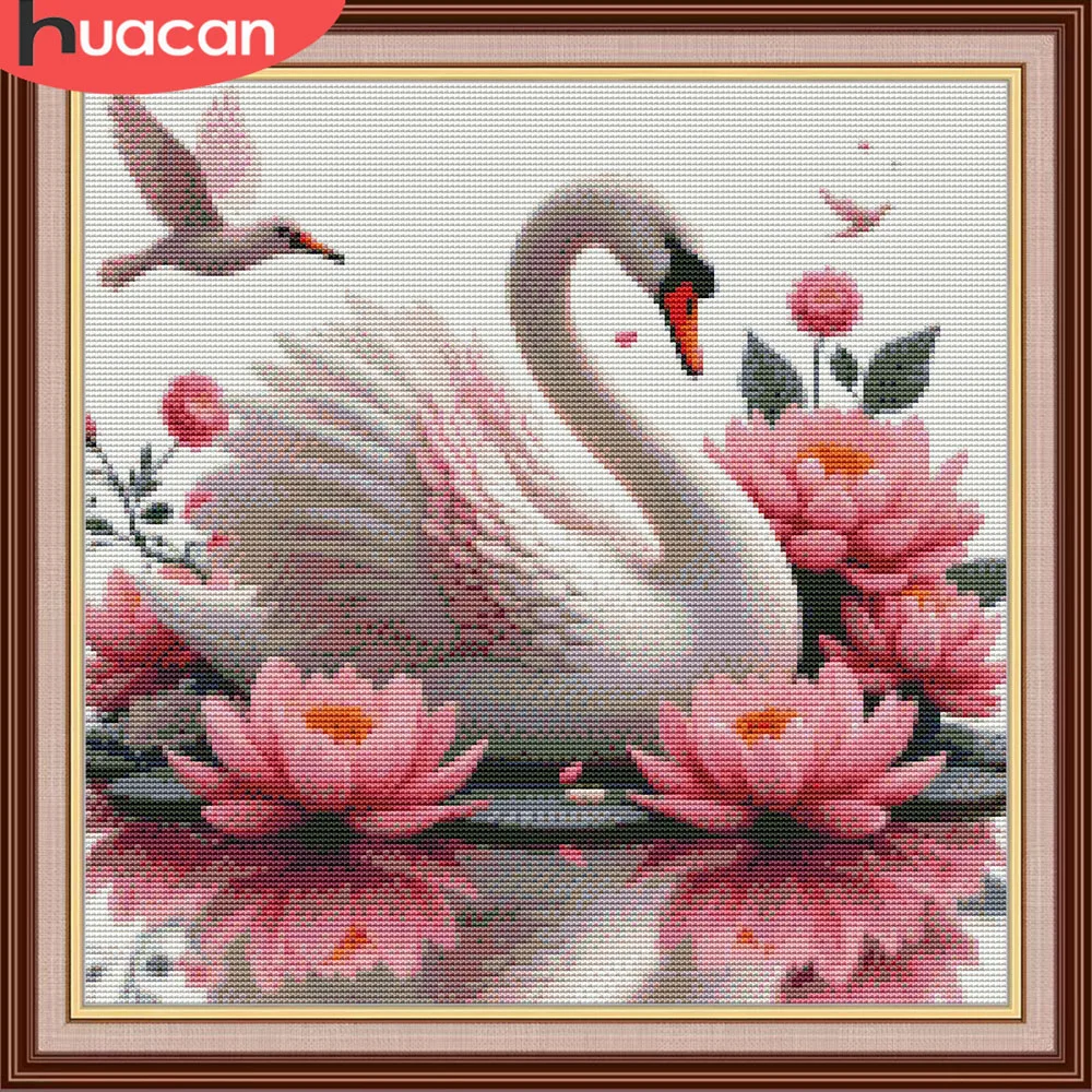 

HUACAN набор для вышивки крестом лебедь животное вышивка цветок лотоса Dmc нитки 11Ct картина печатный холст украшение стены