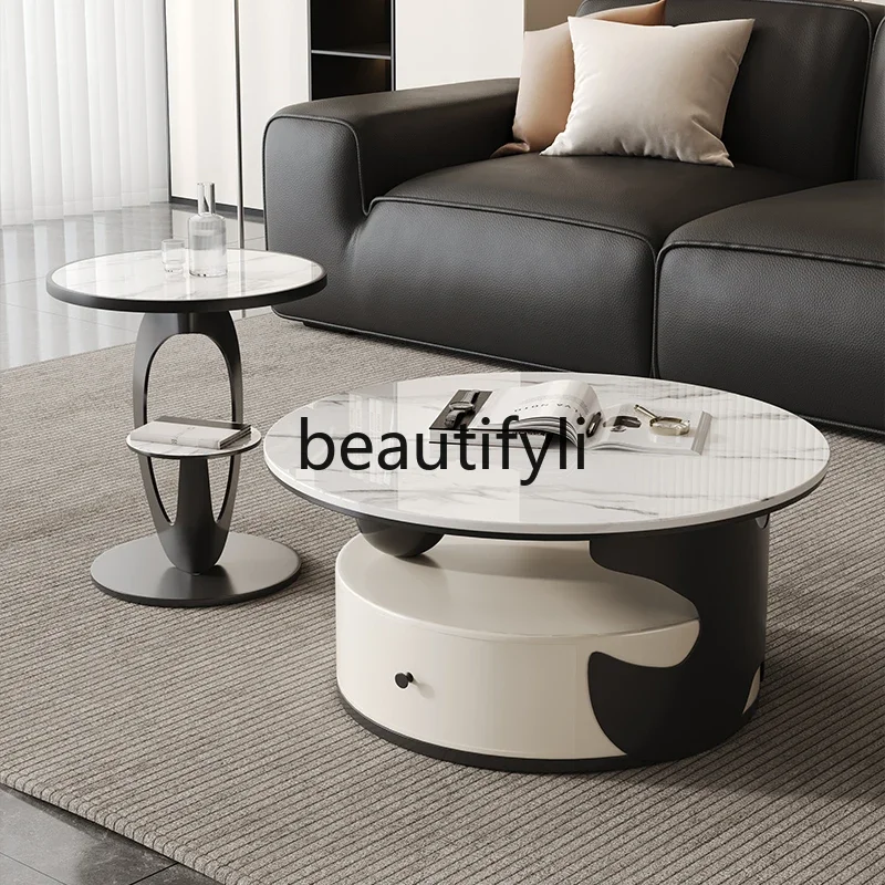 

Italian light luxury style simple modern living room sense storage rock slab coffee table combination