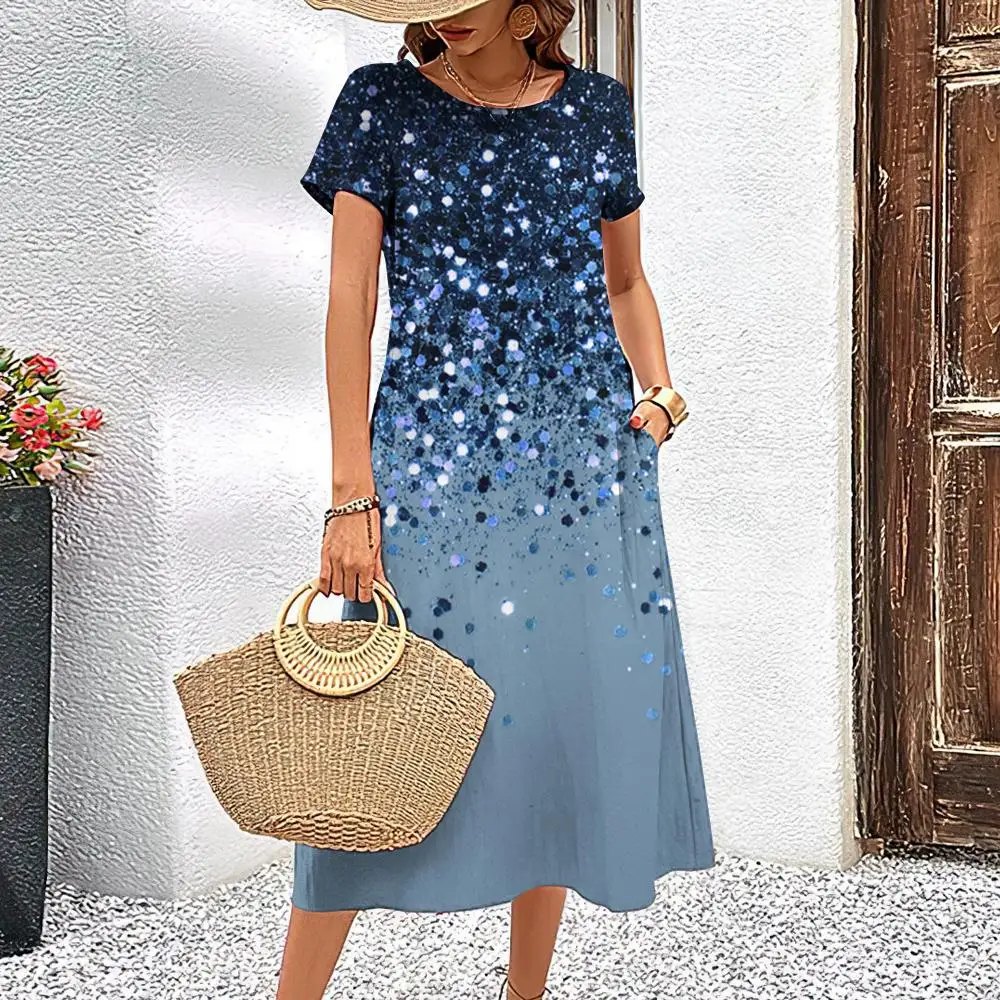 

Women's O-Neck Short Sleeve Dresses Fashions Designer Clothing Solid Color Print Summer Dress Loose Elegant Pullover Simplicity