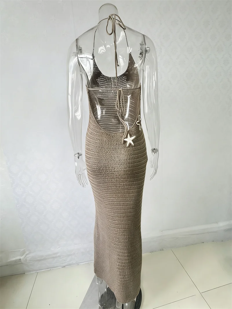 Women's Halter Backless Lace-Up Long Bandage Dress Knitted Bikini Cover-Up Summer Crochet Swimwear Robe Sexy Beach Bathing Suit view 4