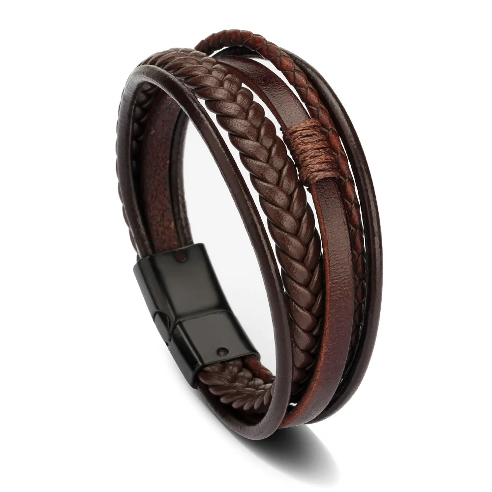 Wholesale Multilayer Leather Rope Wrap Hand Weaving Bracelet Braided Magnetic Buckle Stainless Steel Bracelets for Men Jewelry