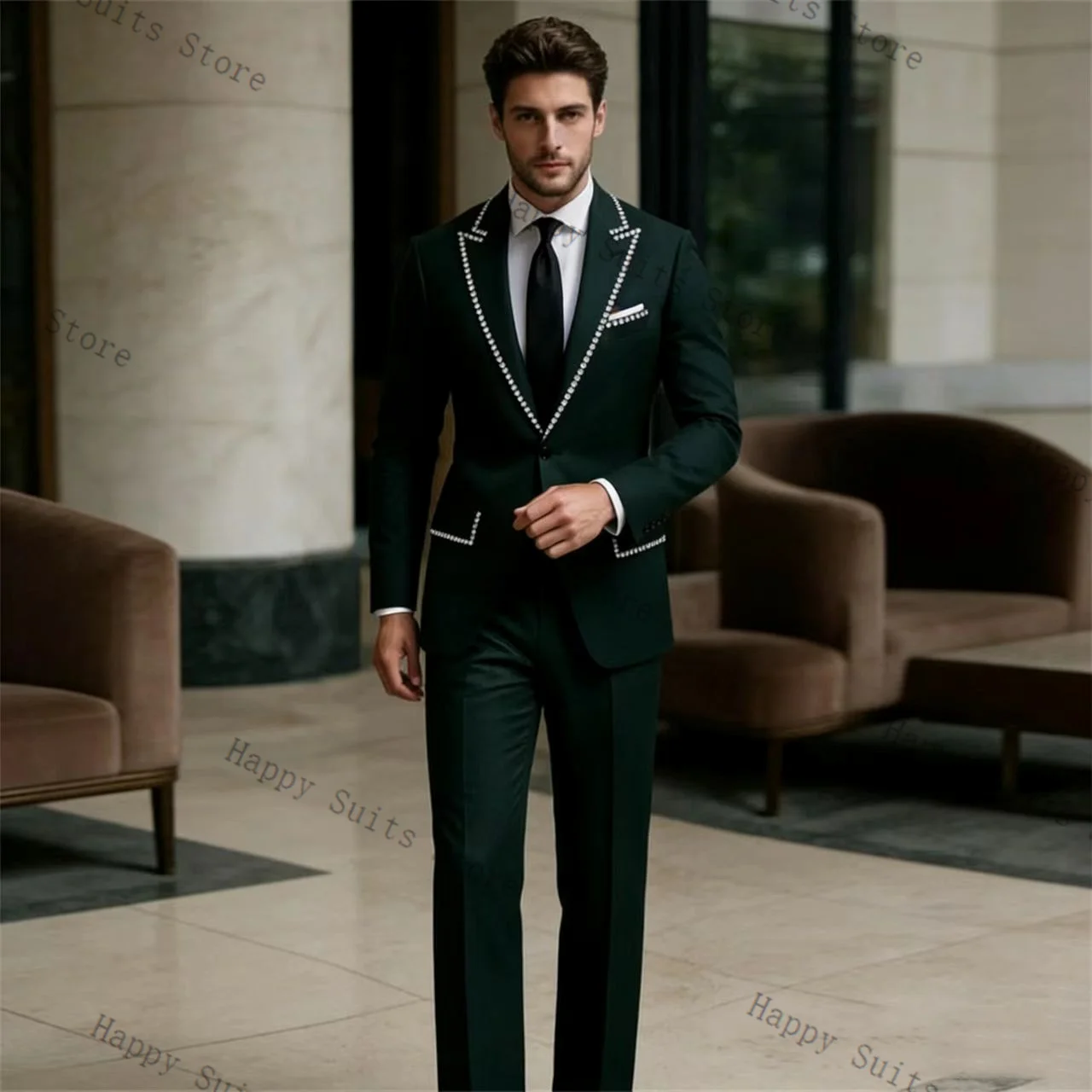 

Crystals Green Men Suit Set 2 Pcs Groom Blazer+Pants Trousers Luxury Formal Office Coat Wedding Tuxedo Customized Jacket Outfit