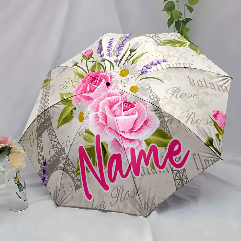 Custom Name Elegant Floral Umbrella Design with Eiffel Tower 8 Iron Ribs Folding Umbrella Auto-Open Fashionable Sunshade