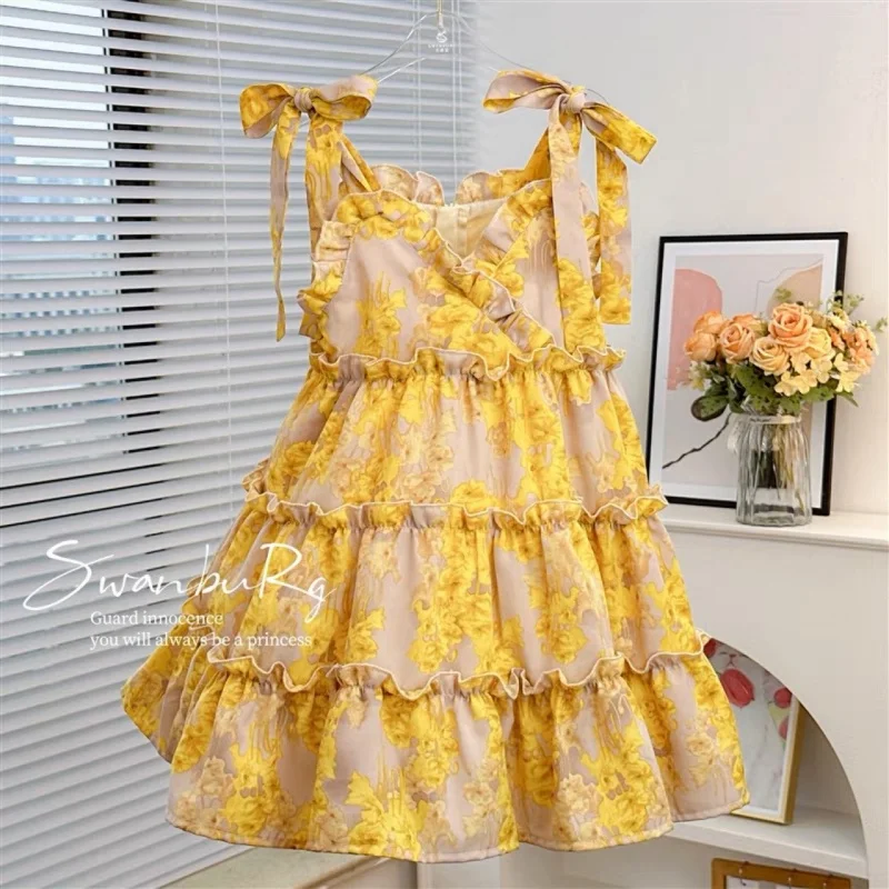 

Summer New Girls' Oil Painting Style Flower Printing Children Dress