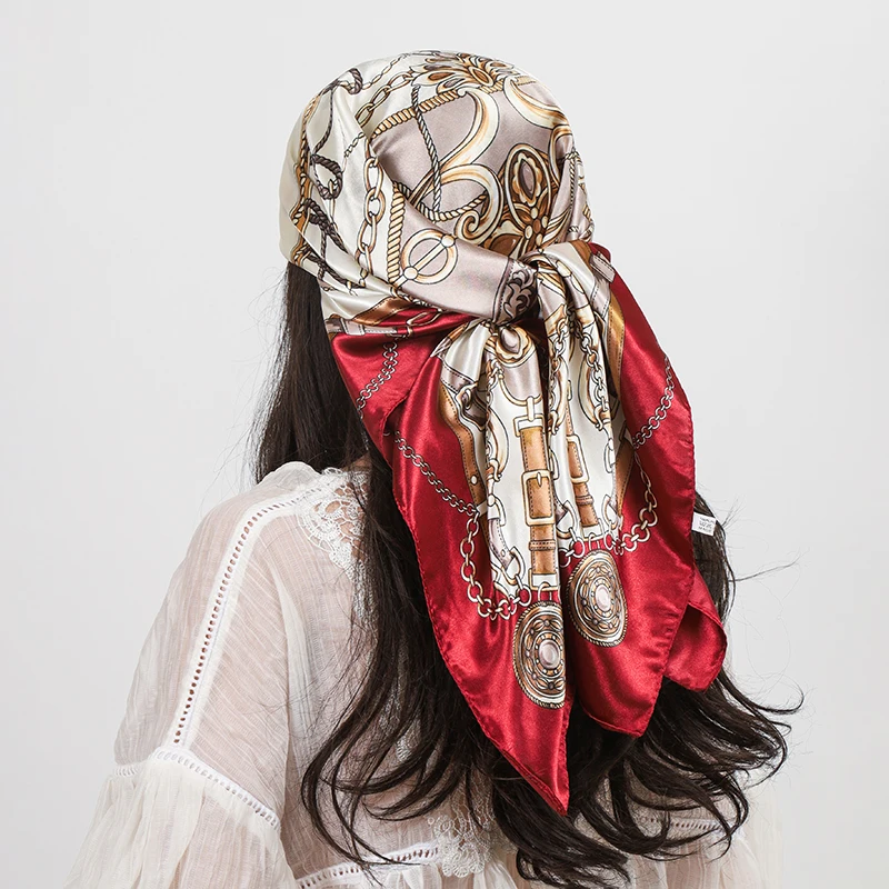 Luxus Marke 90 cm Platz Silk Schal Frauen Schals Wraps Hijab Schals Drucken Kopftuch Femme Kopf Schal Foulard Bandana Strand pareo – Detail 4