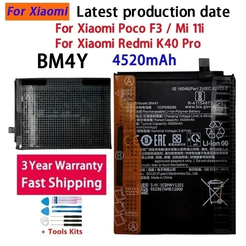 100% NEW 4520mAh Battery BM4Y For Xiaomi Poco F3 Mi 11i Redmi K40 Pro K40Pro Batteries Bateria Batterij With Free Tools