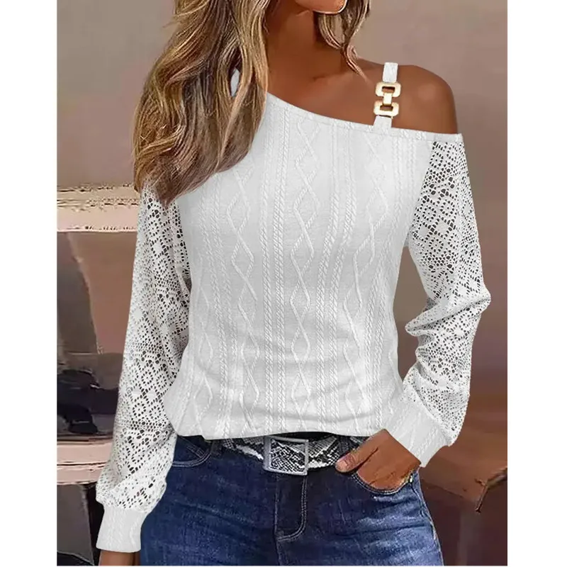 Ladies' Autumn Long Sleeve Shirt Classic White Fashion Casual Versatile Blouse Tops Metal Button Sexy Off Shoulder Collar Shirt