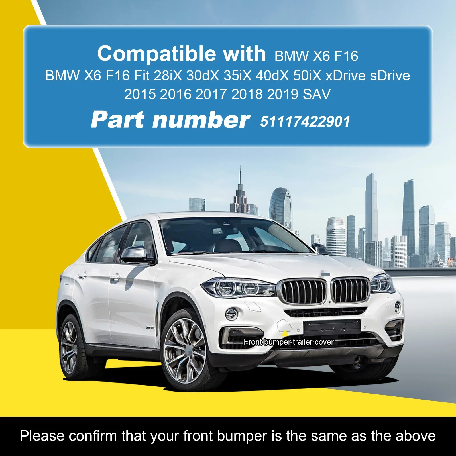 For BMW X6 F16 2015 - 2019 Front Bumper Tow Hook Towing Eye Cover Replacement Part 51117422901