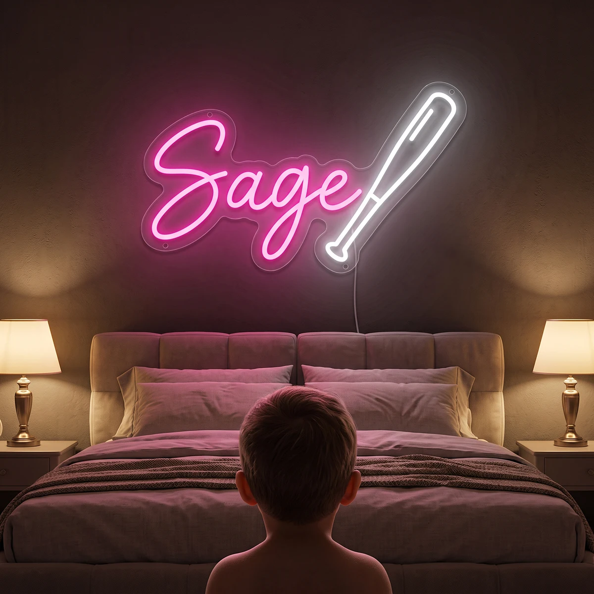 Baseball bat with neon lights, customized name plaque. Light source. Gift for baby’s birthday party. Home decor item for childre