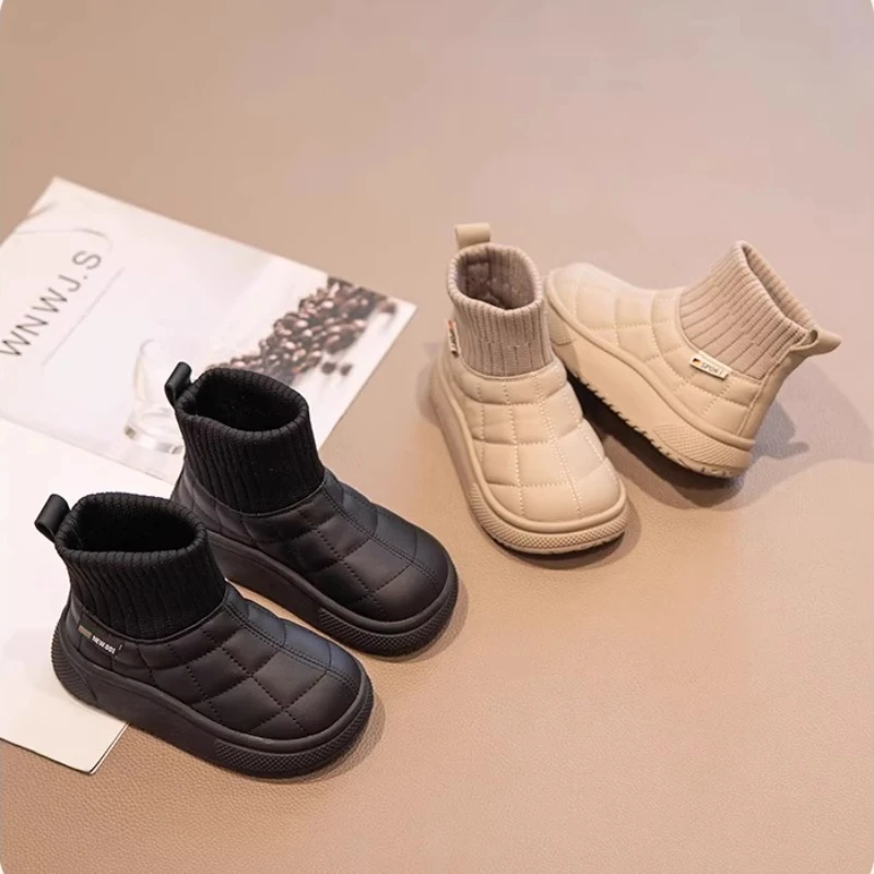 الأطفال أحذية الثلوج 2-18 سنة الكاكي مبطن سميكة الفتيان الفتيات أحذية قطنية الشتاء الأسود لينة عدم الانزلاق الاطفال جورب الأحذية