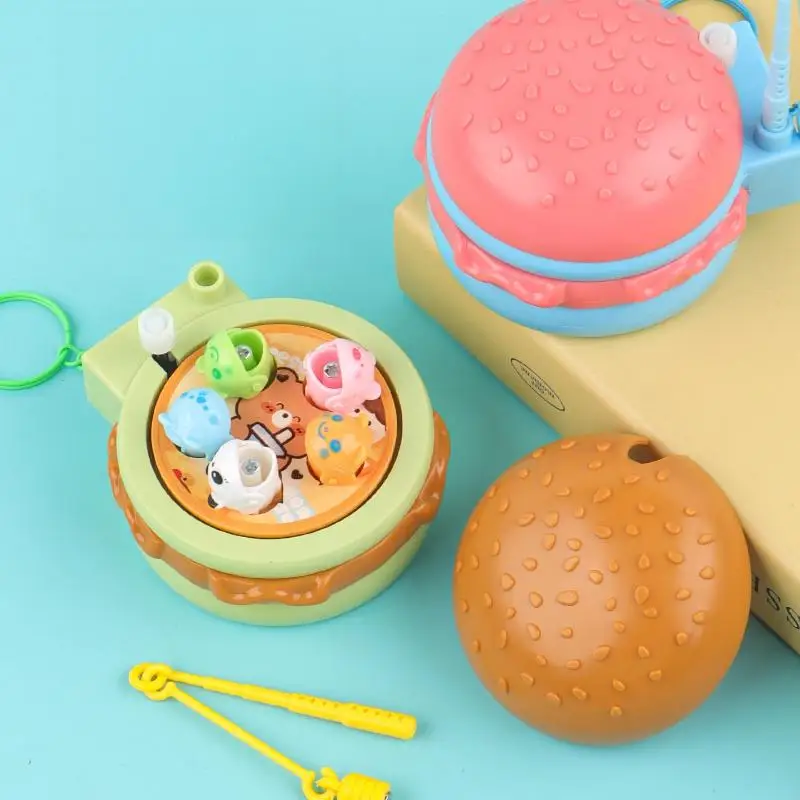 Cute Hamburger Magnetic Fishing Game Keychain Mini Rotating Plate Bag Charm Kids Educational Toy