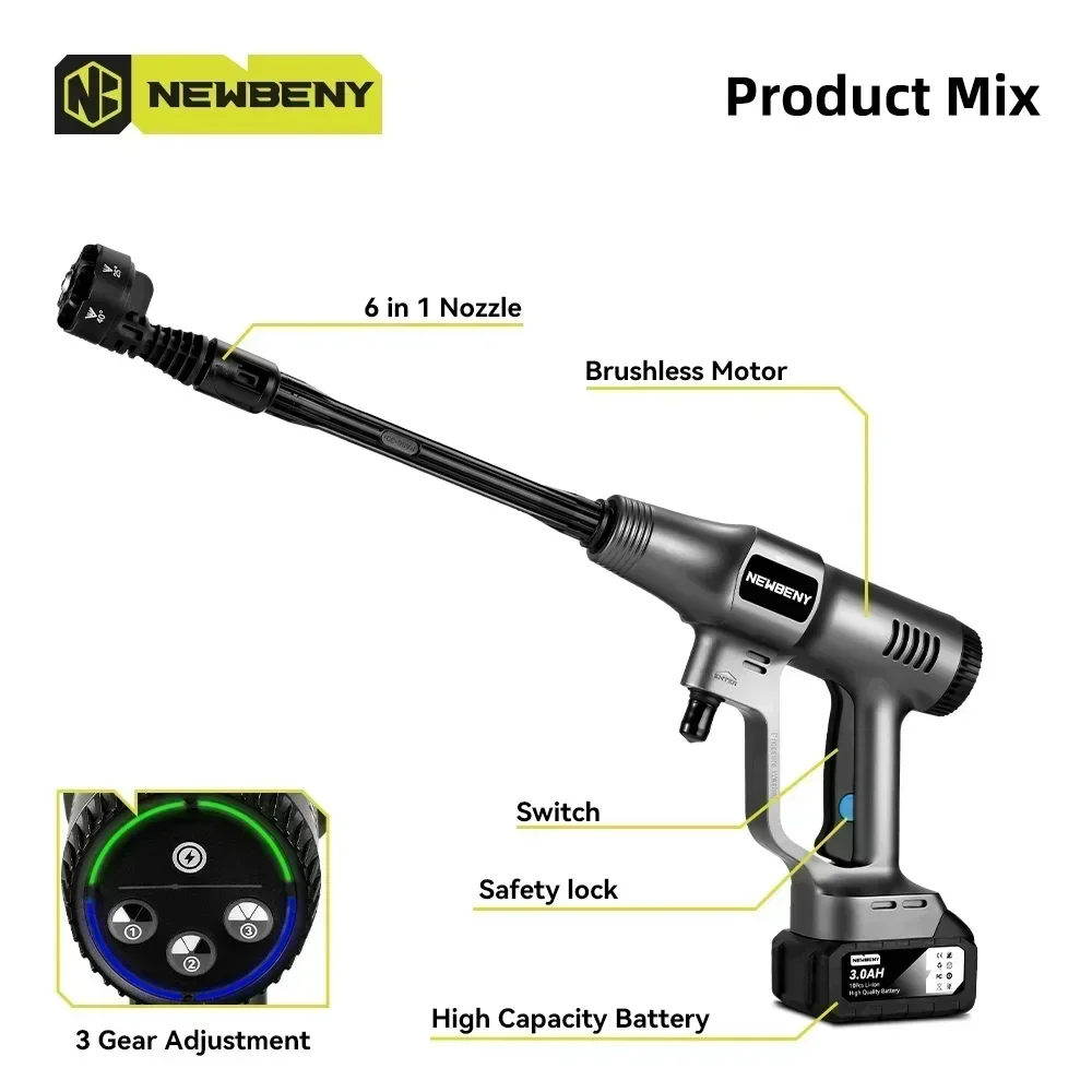 Imagem -03 - Newbeny-lavadora Elétrica Brushless o Limpeza de Jardim Irrigação sem Fio Bateria Makita 18v 3gear 200bar de Alta Pressã