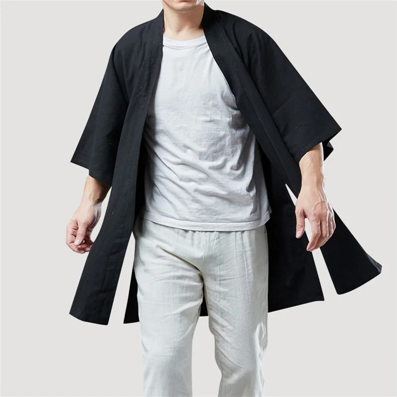 Summer Jackets for Men Half Sleeve Linen Shirt Harajuku Kimono Casual Cardigan Vintage Tops Hanfu Outwear Trenchcoat