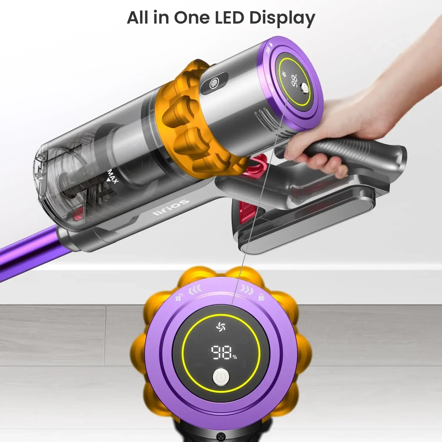 Stofzuiger, 550W/45Kpa/65 minuten stofzuigers voor thuis, steelstofzuiger draadloos met laag geluidsniveau, LED-scherm, wandmontage opladen