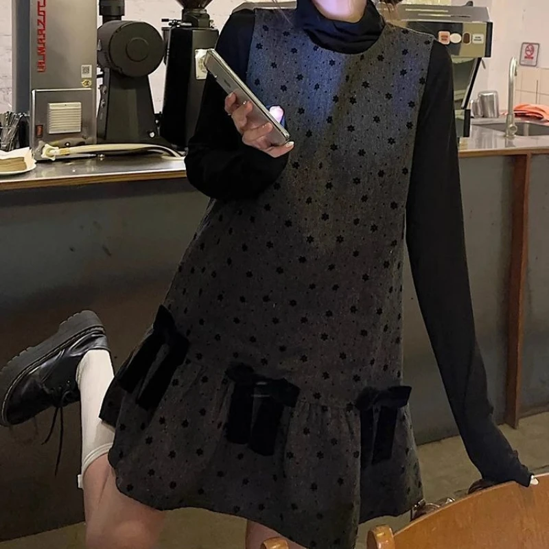 Japanese Gothic Y2k 2 Piece Set Women Sweet Black Long Sleeves Inside Top Polka Dot O Neck Vest Dress Autumn Casual Vintage Suit