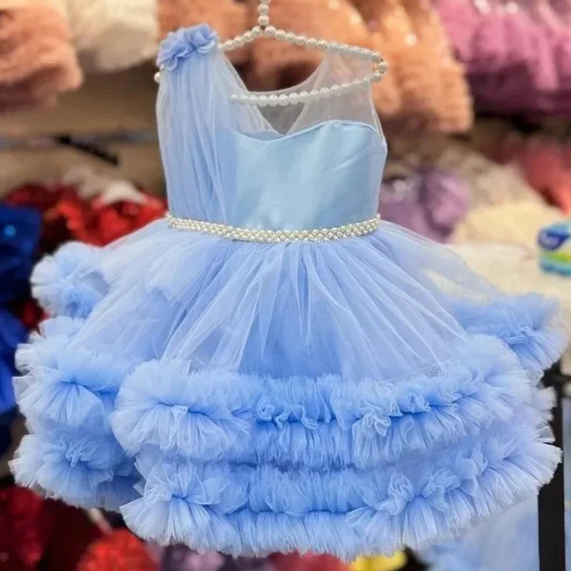 

Princess Flower Girl Dress Blue Tulle Puffy Tiered Pearls Belt Sleeveless For Wedding Birthday Party Banquet Princess Gowns