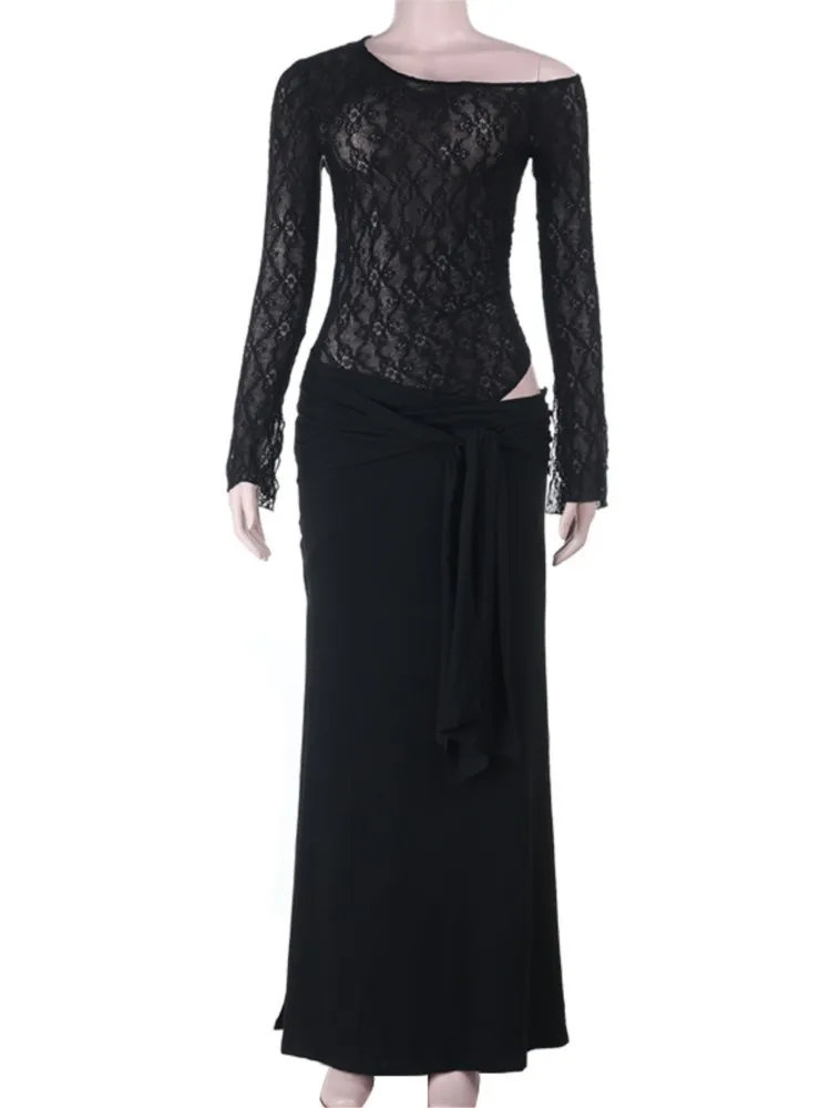 秋のY2Kレディースドレス、セクシーなクラブ向けブラックレースボディコンドレス、長袖オフショルダーマキシドレス、パーティー、クラブ、イブニングドレス